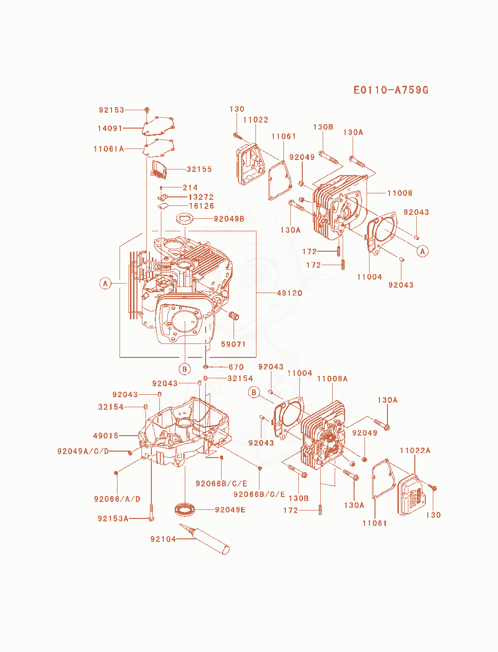 Despiece del Cylinder / Crankcase de un motor Kawasaki FS730V-AS14, con globos numerados
