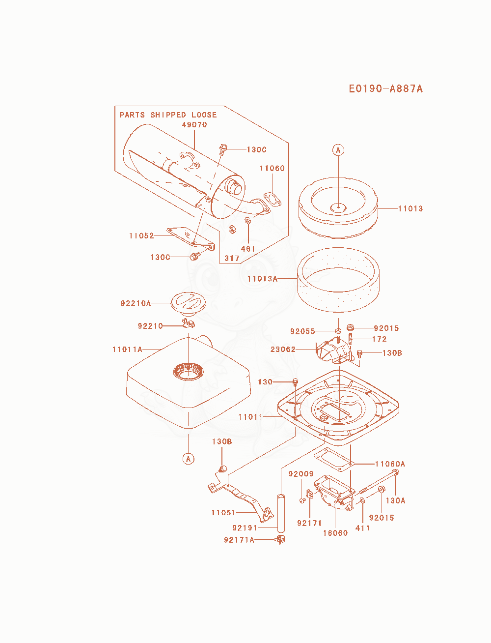 Despiece del Air-Filter / Muffler de un motor Kawasaki FH601D-AS06, con globos numerados