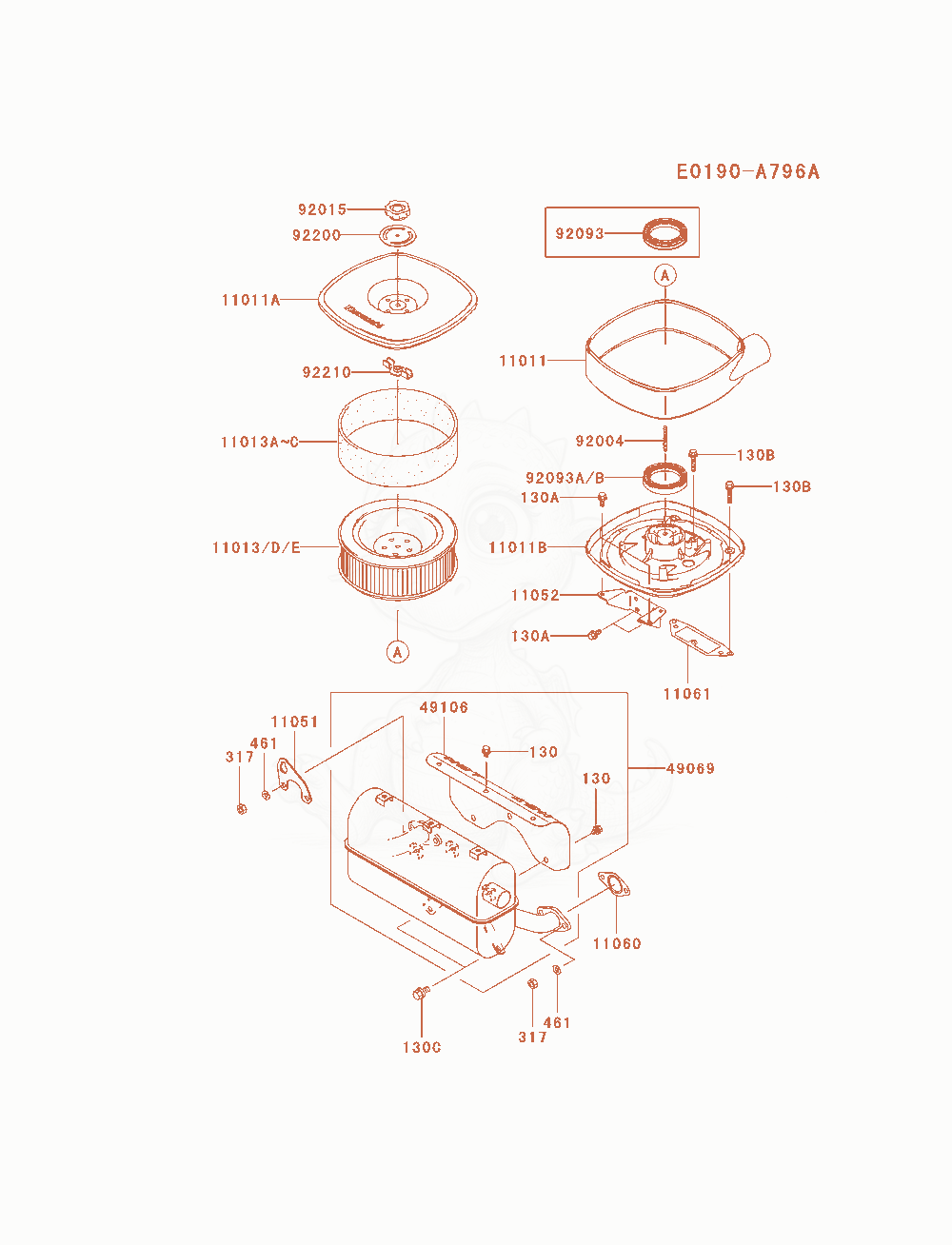 Exploded parts diagram of the Air-Filter / Muffler of a Kawasaki FD791D-AS00 engine, with numbered balloons