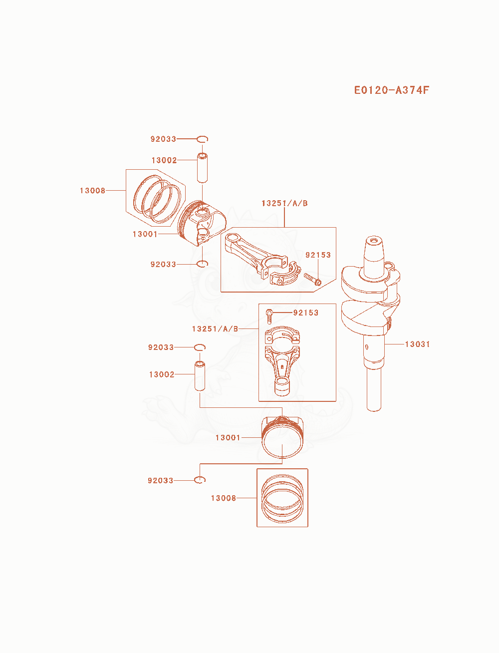 Exploded parts diagram of the Piston / Crankshaft of a Kawasaki FX801V-BS07 engine, with numbered balloons