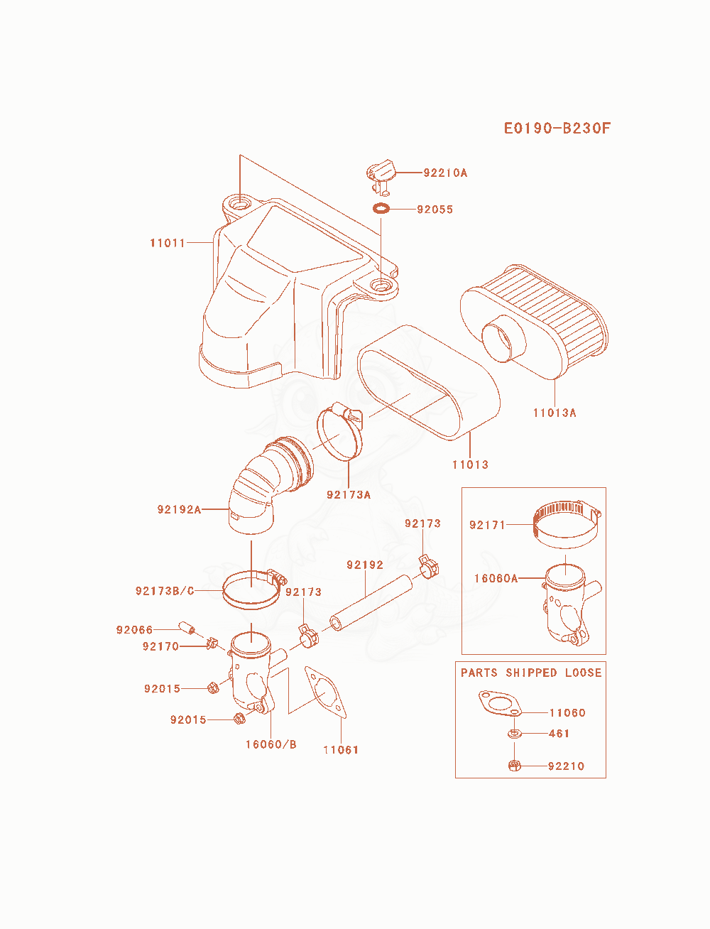 Despiece del Air-Filter / Muffler de un motor Kawasaki FS600V-AS06, con globos numerados
