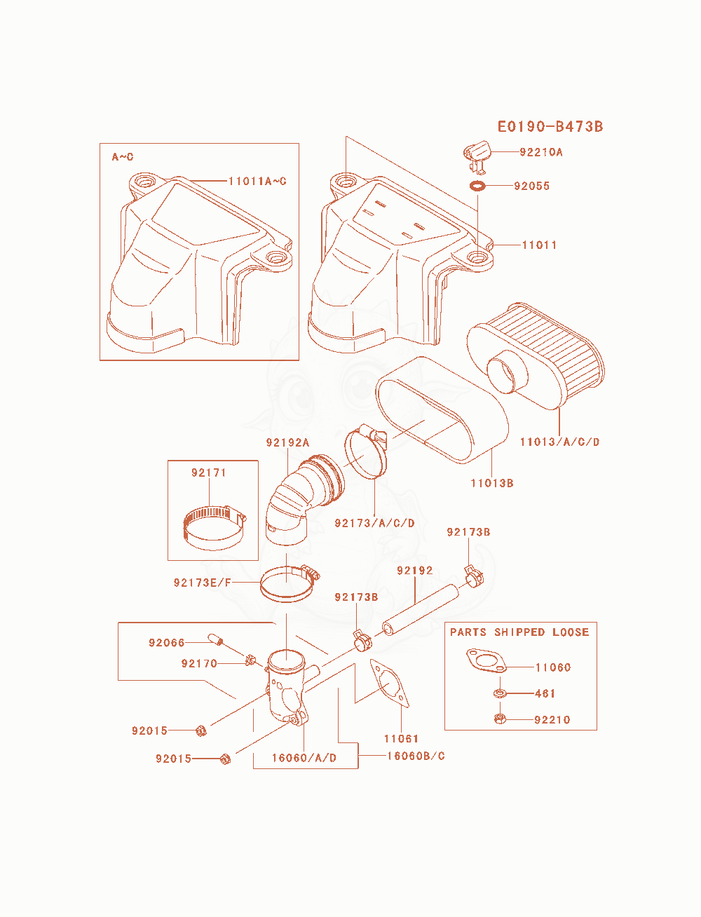 Despiece del Air-Filter / Muffler de un motor Kawasaki FS600V-AS08, con globos numerados