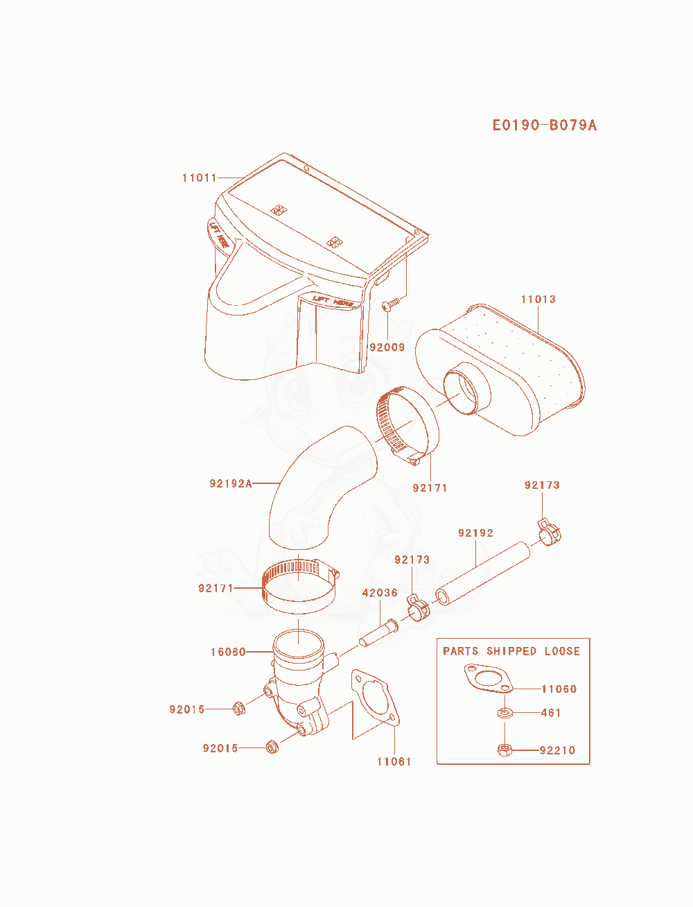 Despiece del Air-Filter / Muffler de un motor Kawasaki FR691V-AS04, con globos numerados