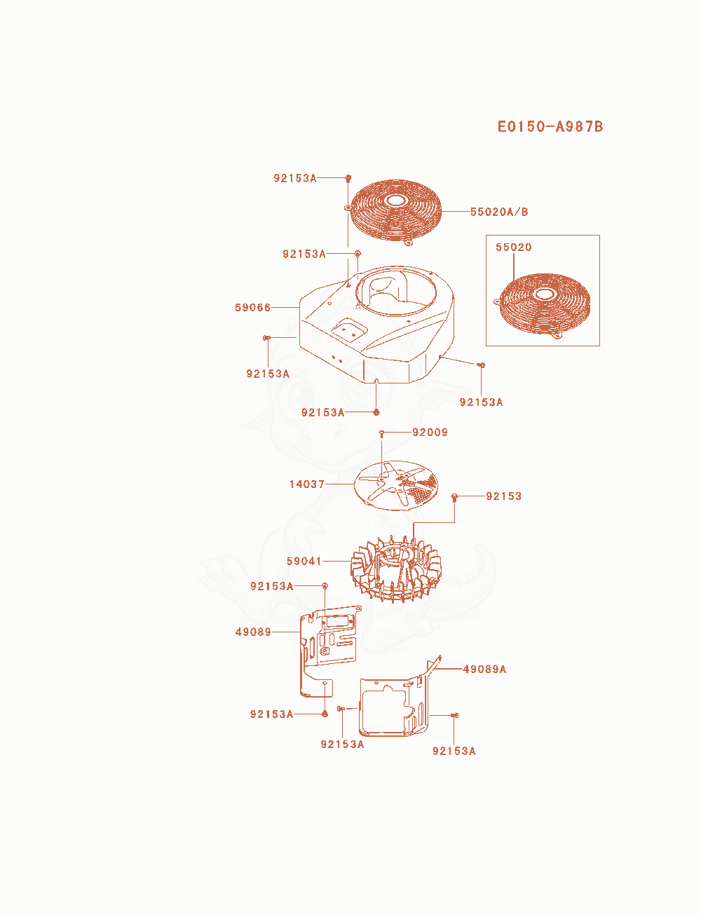 Despiece del Cooling-Equipment de un motor Kawasaki FX600V-AS00, con globos numerados