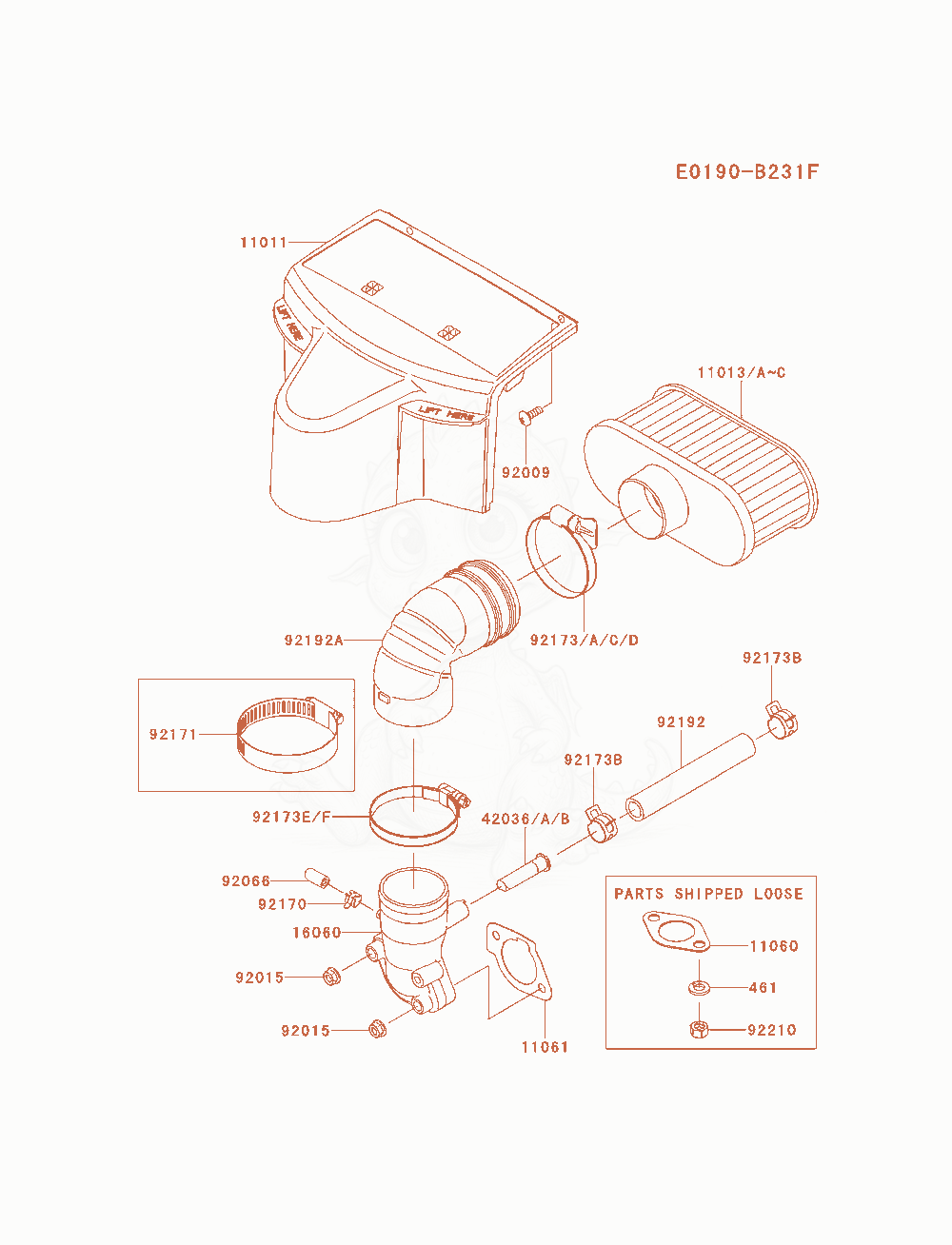 Despiece del Air-Filter / Muffler de un motor Kawasaki FR651V-AS06, con globos numerados