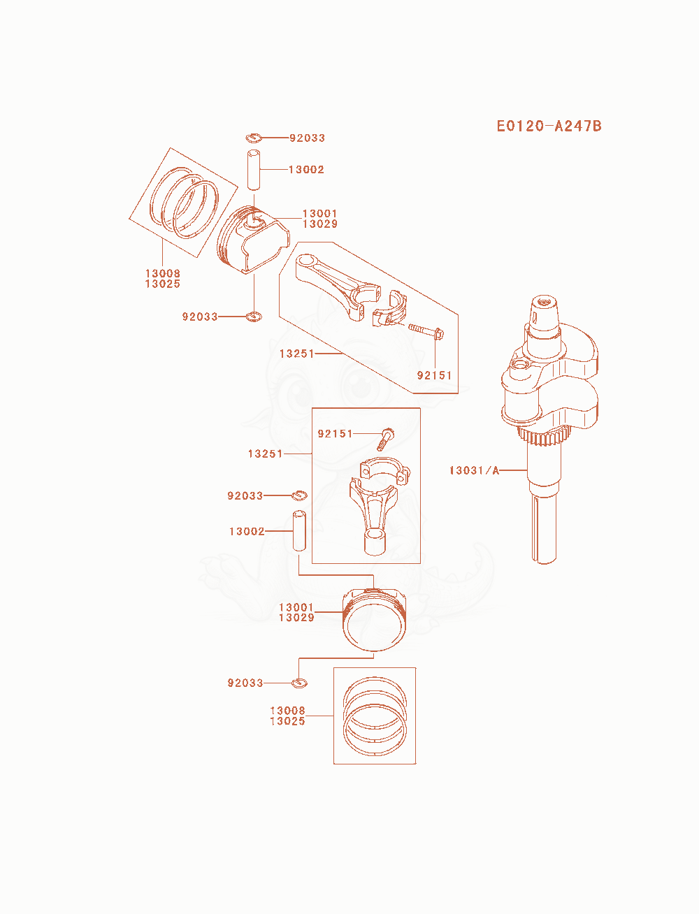 Exploded parts diagram of the Piston / Crankshaft of a Kawasaki FH680V-AS27 engine, with numbered balloons