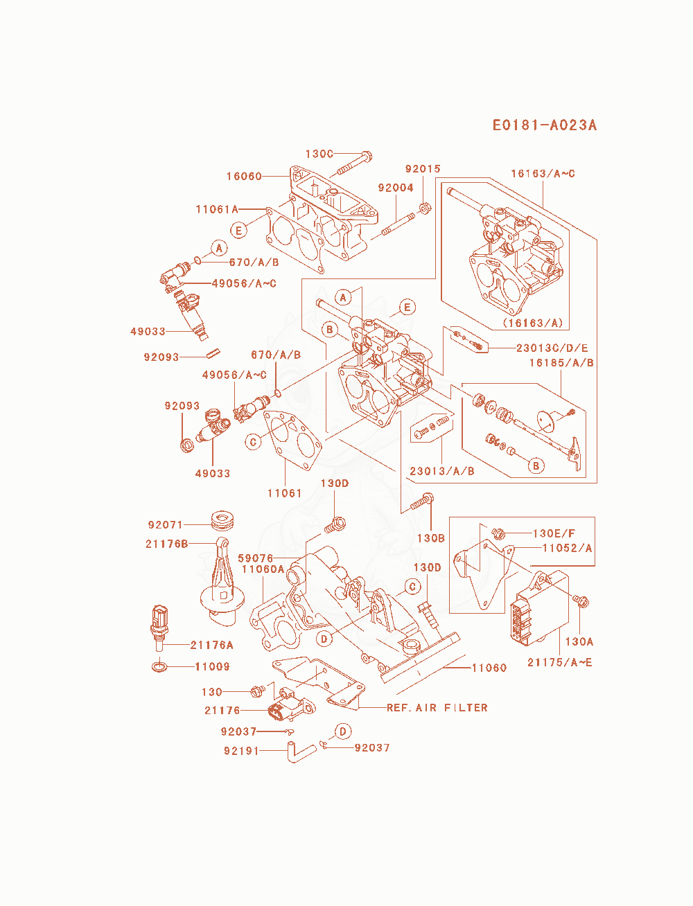 Despiece del Throttle-Equipment de un motor Kawasaki FD791D-AS04, con globos numerados