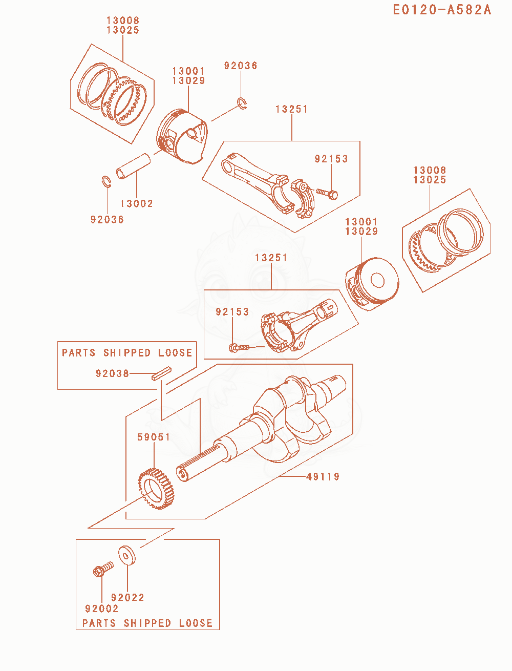Despiece del Piston / Crankshaft de un motor Kawasaki FD750D-NS00, con globos numerados