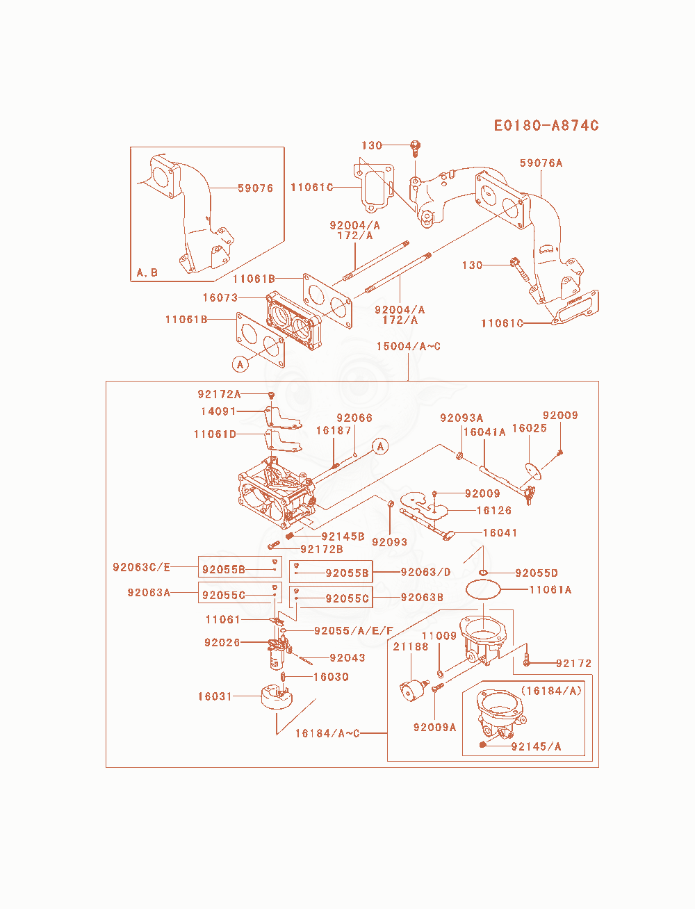 Despiece del Carburetor de un motor Kawasaki FXT00V-AS04, con globos numerados