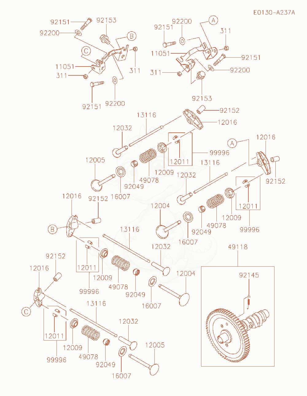 Despiece del Valve / Camshaft de un motor Kawasaki FD851D-PS00, con globos numerados