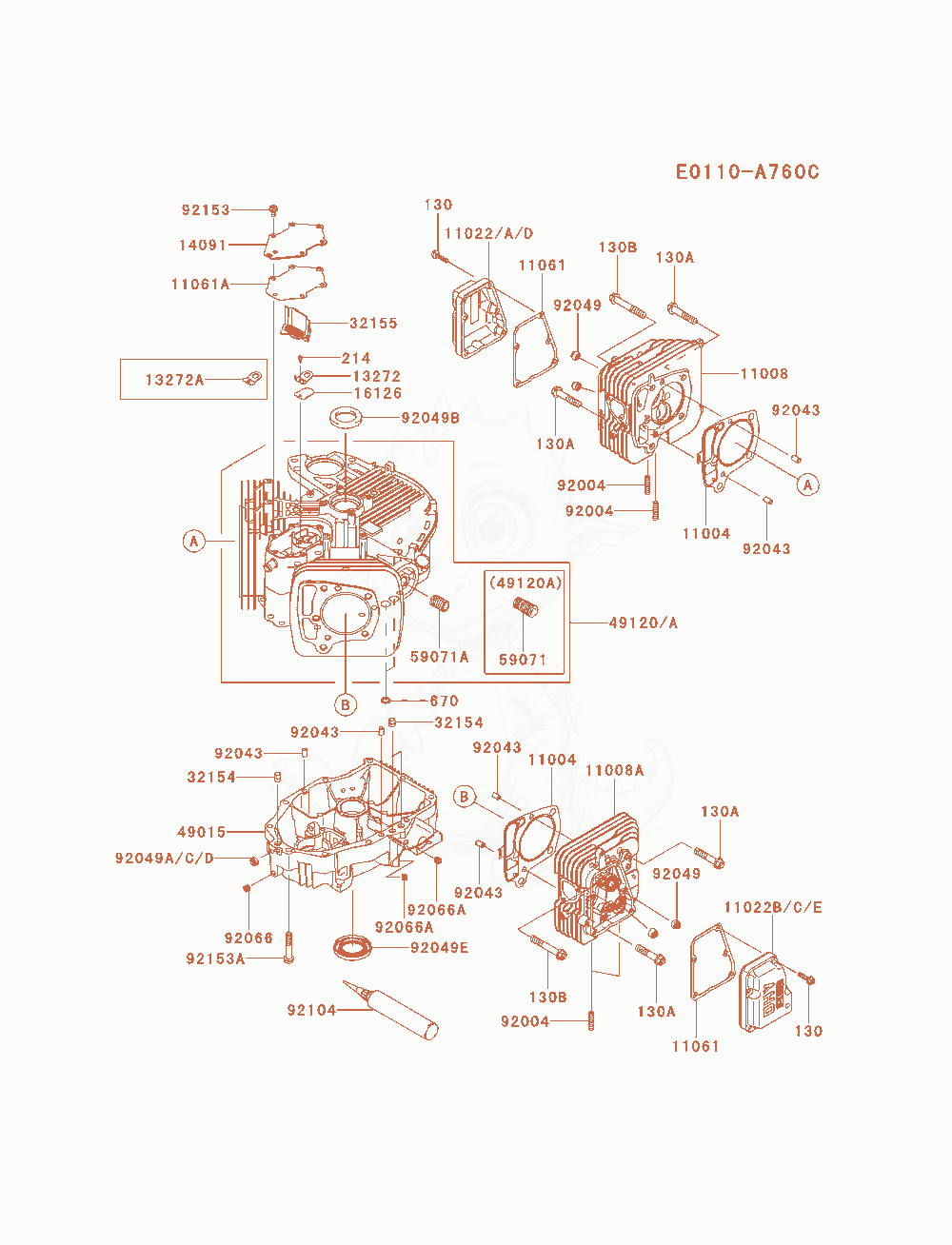 Exploded parts diagram of the Cylinder / Crankcase of a Kawasaki FR730V-AS11 engine, with numbered balloons
