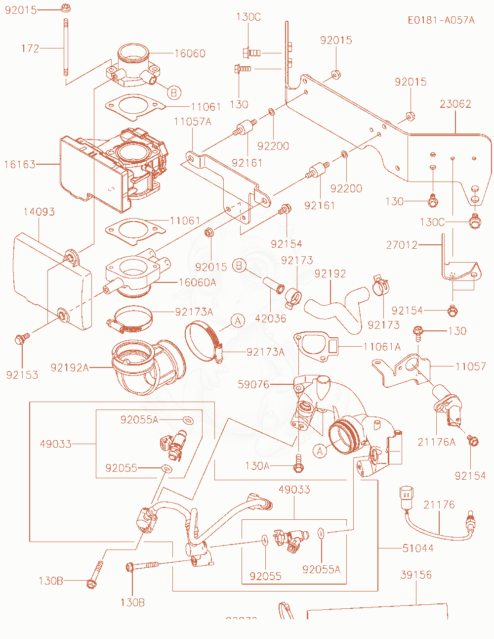 Exploded parts diagram of the Throttle-Equipment of a Kawasaki FT730V-AW05 engine, with numbered balloons