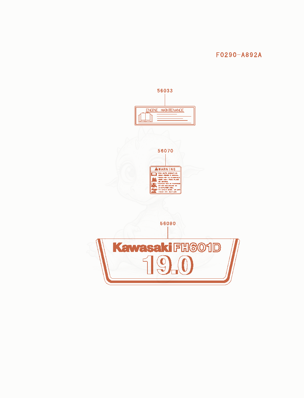 Exploded parts diagram of the Label of a Kawasaki FH601D-AS01 engine, with numbered balloons