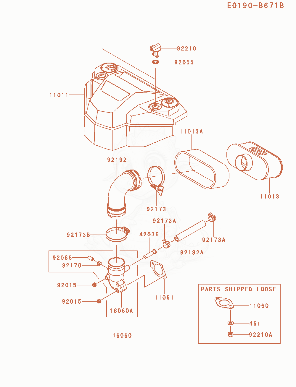 Despiece del Air-Filter / Muffler de un motor Kawasaki FS651V-AS22, con globos numerados