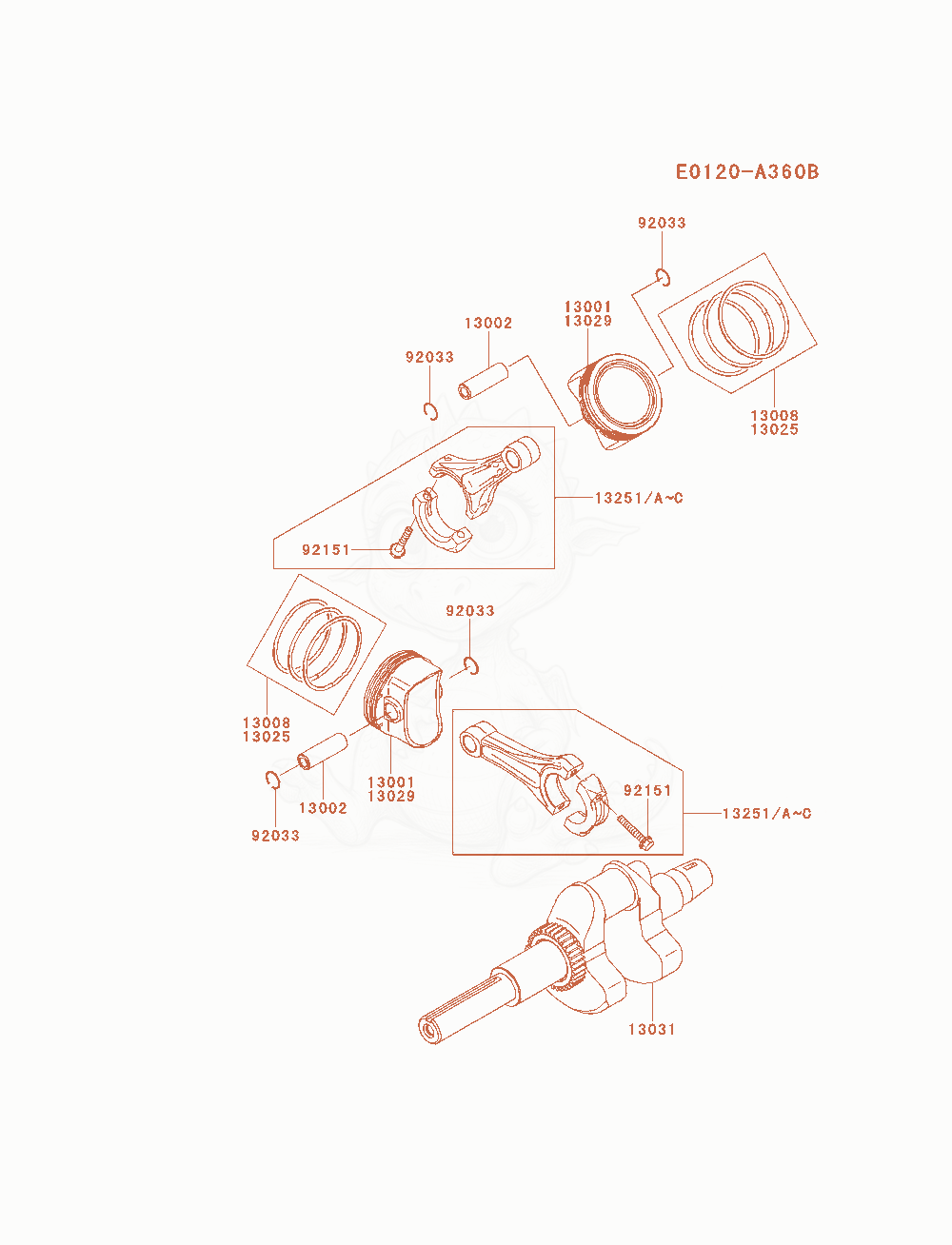 Exploded parts diagram of the Piston / Crankshaft of a Kawasaki FH770D-ES01 engine, with numbered balloons