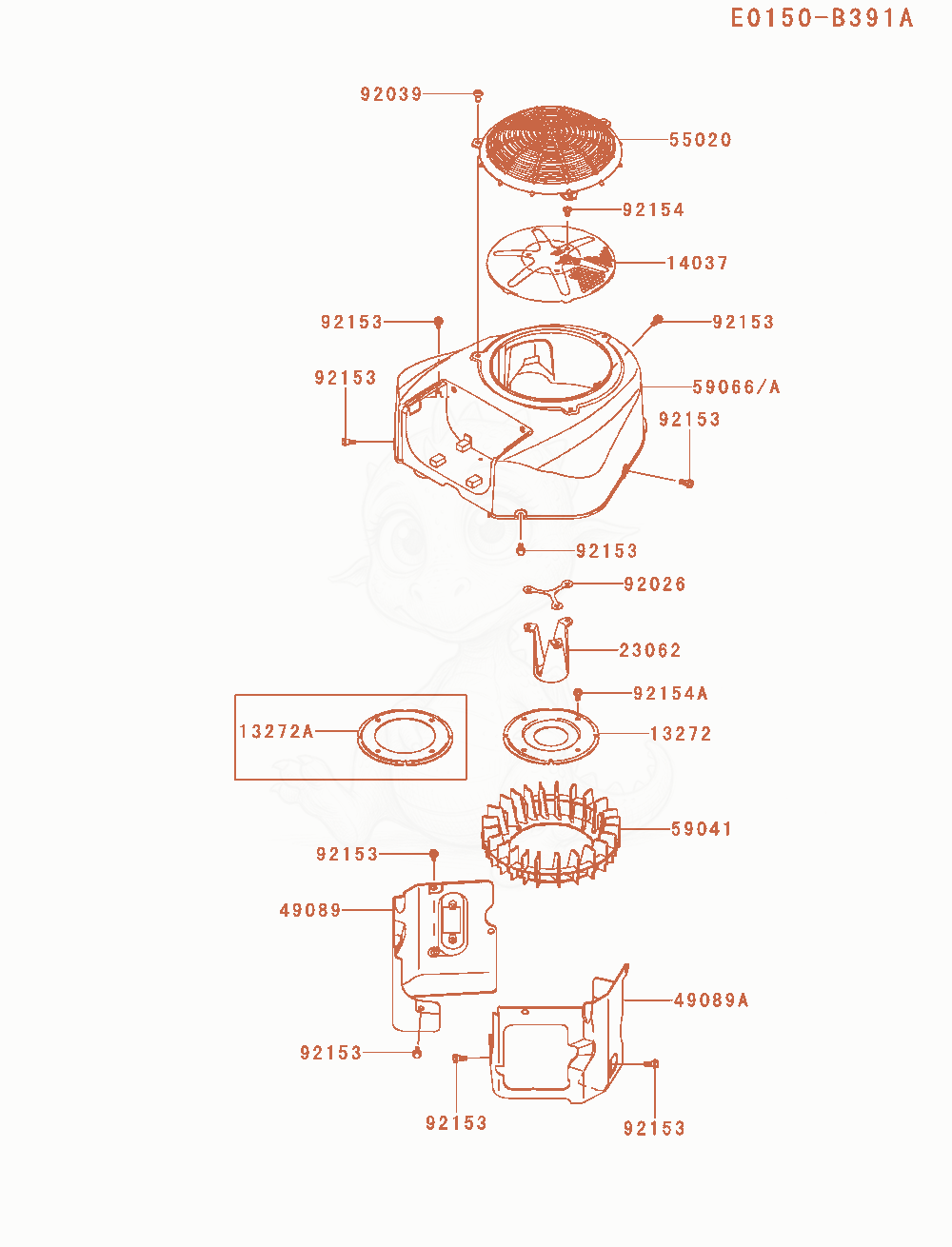 Despiece del Cooling-Equipment de un motor Kawasaki FR730V-AS05, con globos numerados