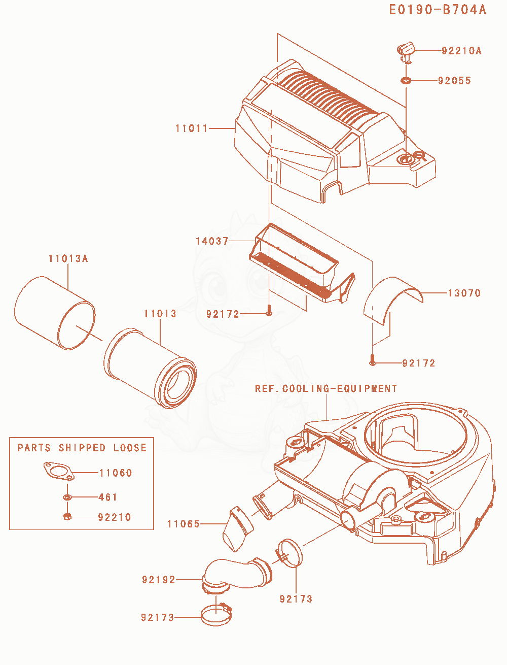 Despiece del Air-Filter / Muffler de un motor Kawasaki FT730V-AS40, con globos numerados