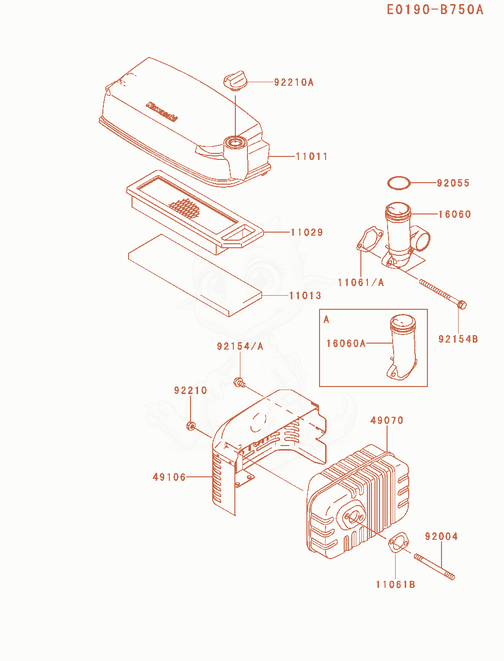 Exploded parts diagram of the Air-Filter / Muffler of a Kawasaki FJ180V-DM00 engine, with numbered balloons