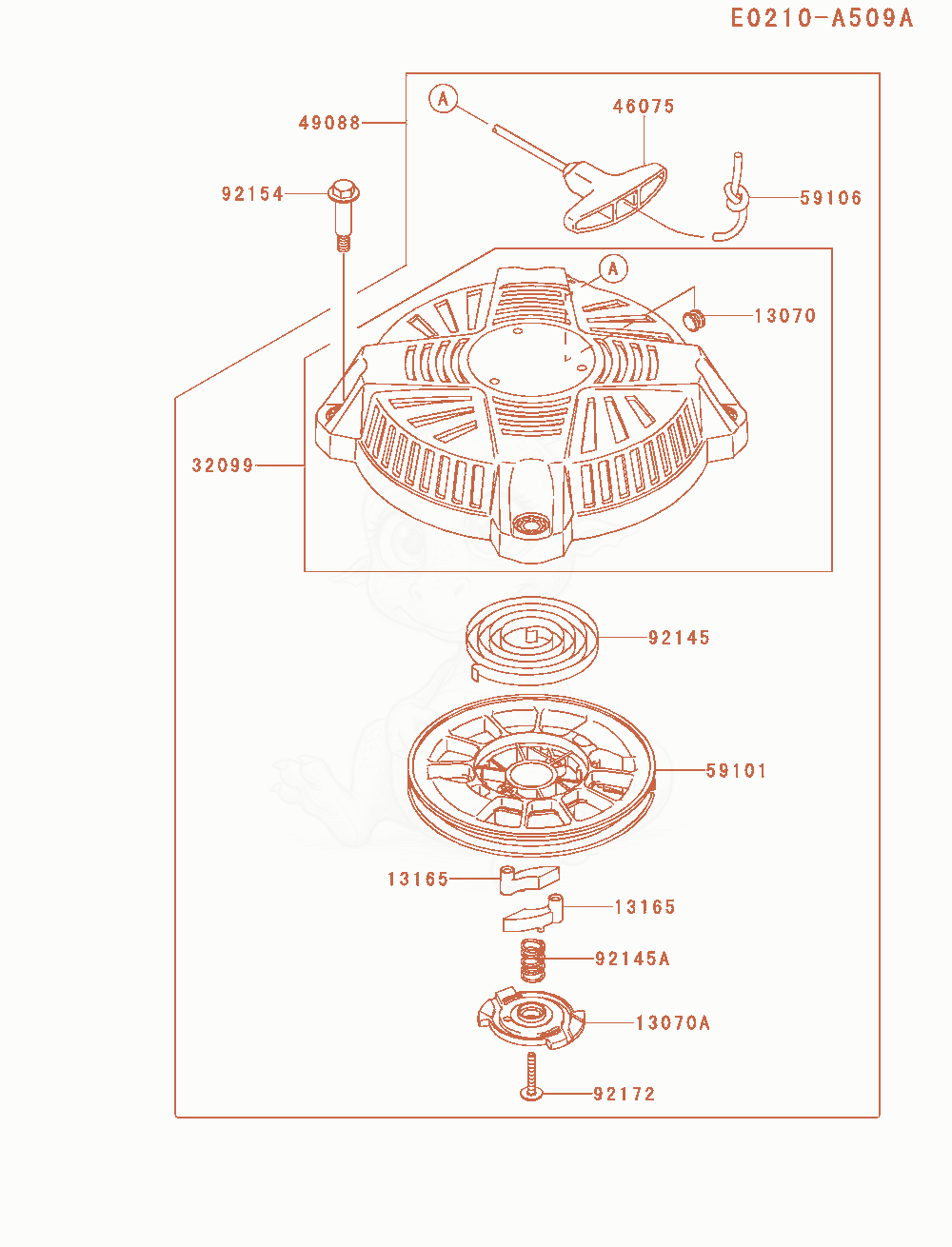 Despiece del Starter de un motor Kawasaki FJ180V-AM08, con globos numerados