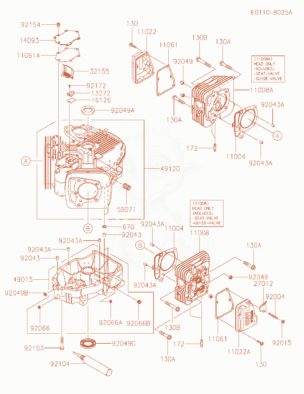 Despiece del Cylinder / Crankcase de un motor Kawasaki FT730V-AS05, con globos numerados