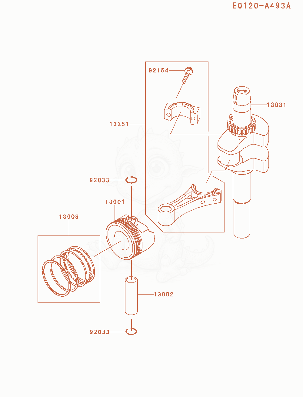 Exploded parts diagram of the Piston / Crankshaft of a Kawasaki FJ180V-CM11 engine, with numbered balloons
