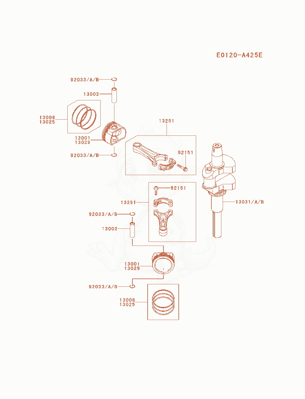Despiece del Piston / Crankshaft de un motor Kawasaki FS600V-AS22, con globos numerados