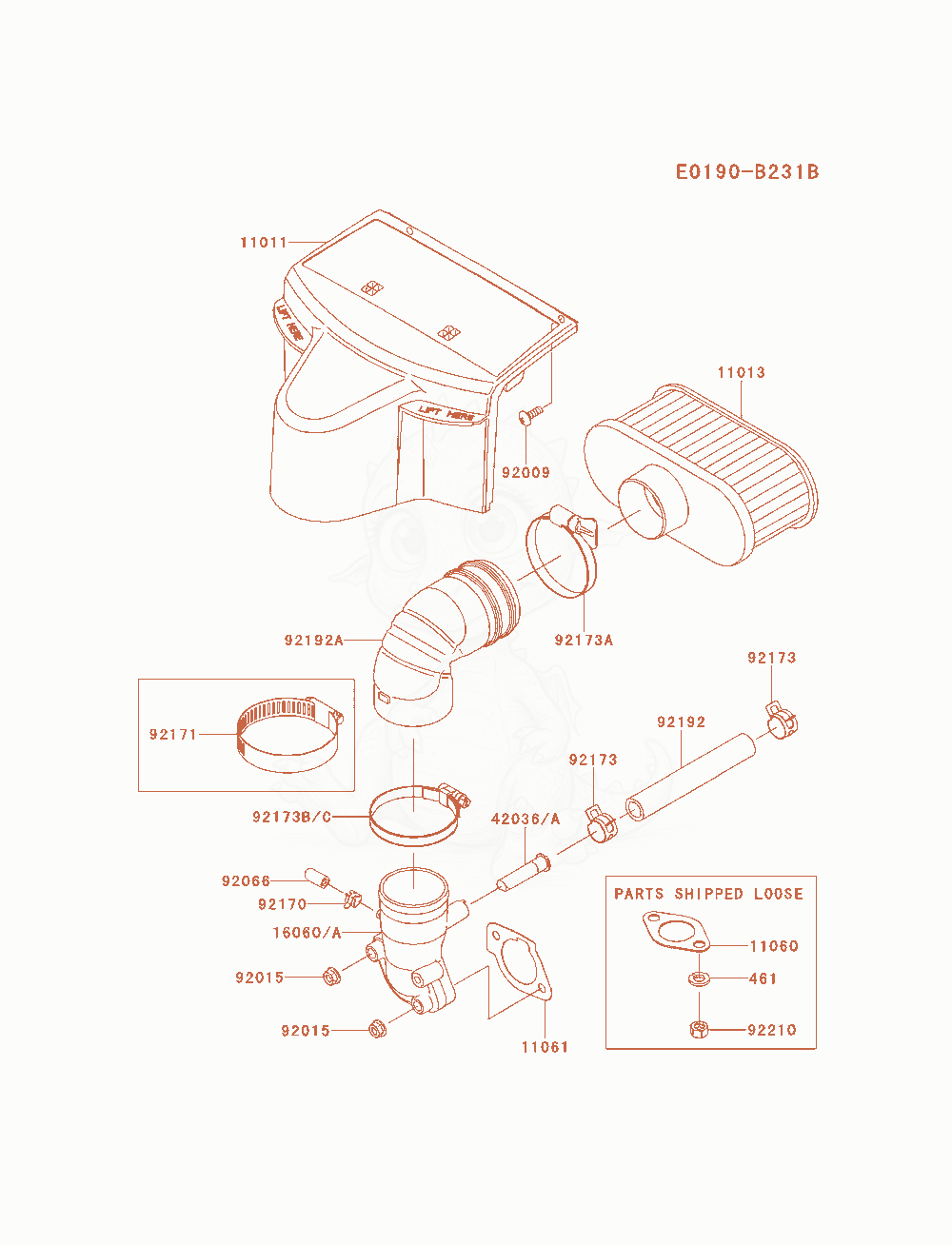 Despiece del Air-Filter / Muffler de un motor Kawasaki FR691V-AS09, con globos numerados