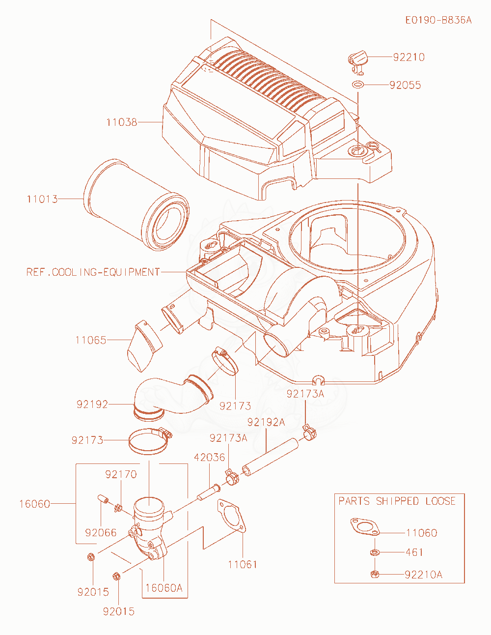 Despiece del Air-Filter / Muffler de un motor Kawasaki FT691V-BS08, con globos numerados