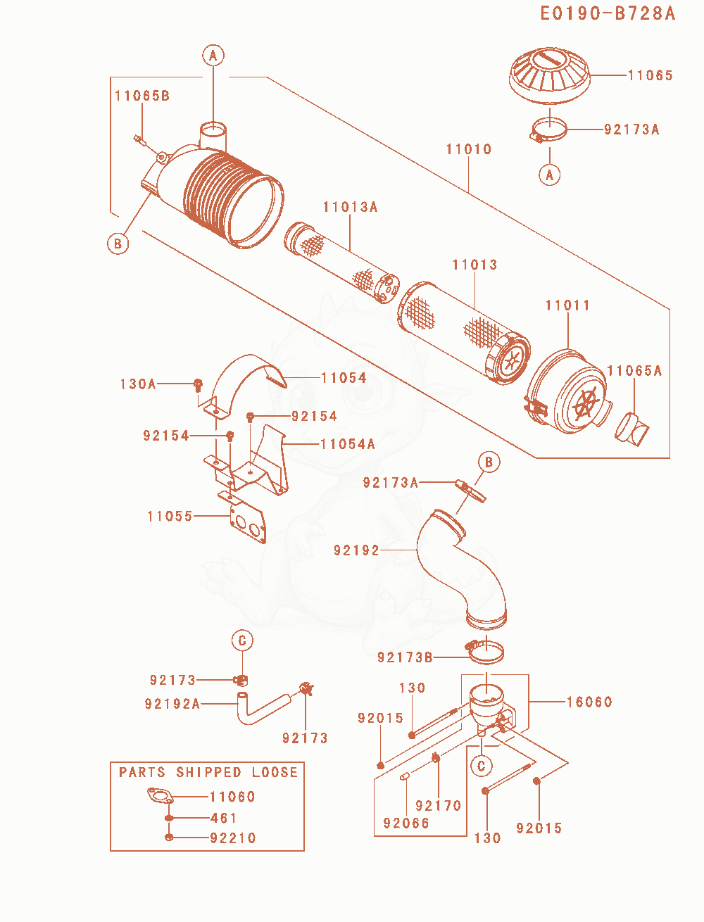 Despiece del Air-Filter / Muffler de un motor Kawasaki FX801V-AS18, con globos numerados