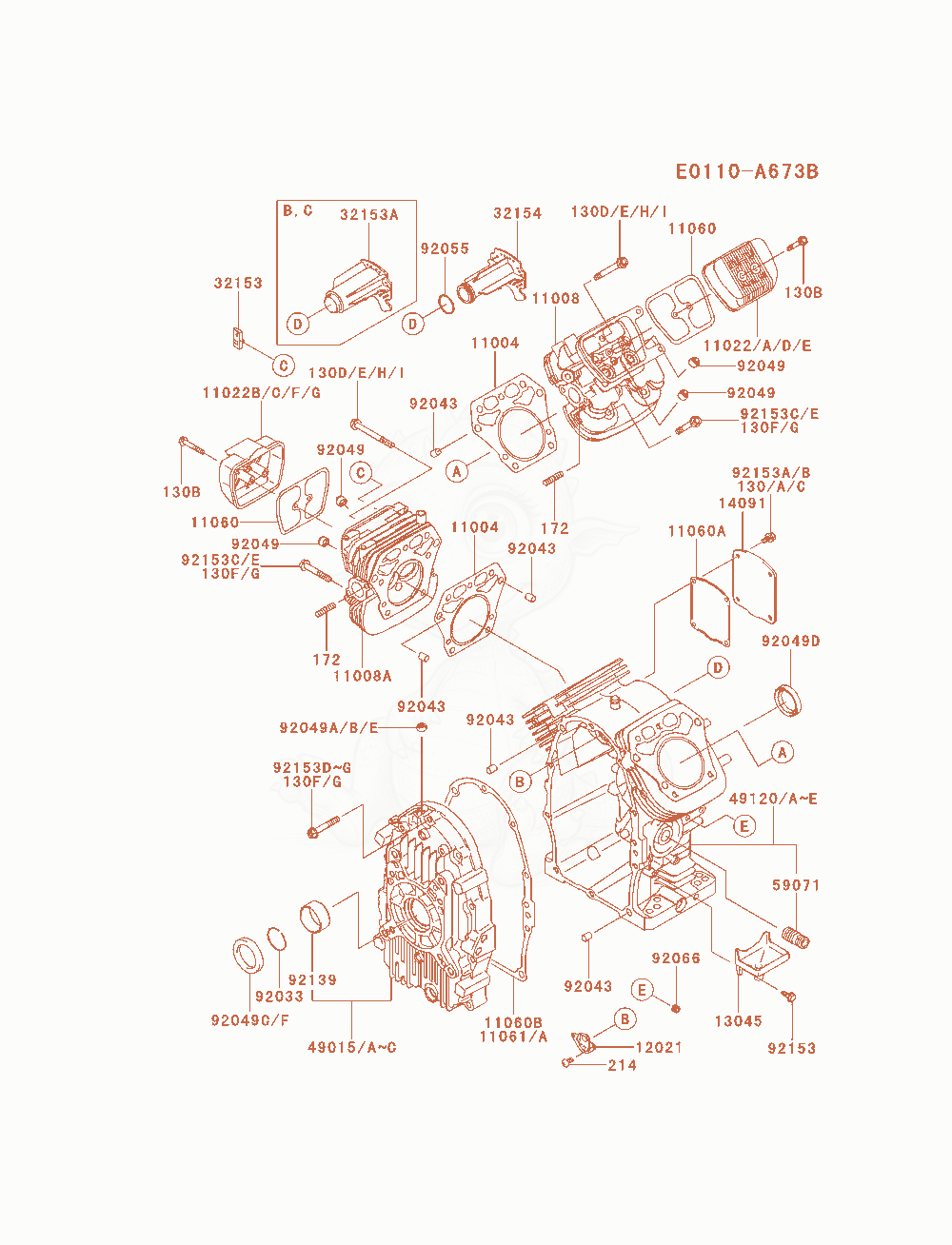 Despiece del Cylinder / Crankcase de un motor Kawasaki FH680D-CS01, con globos numerados