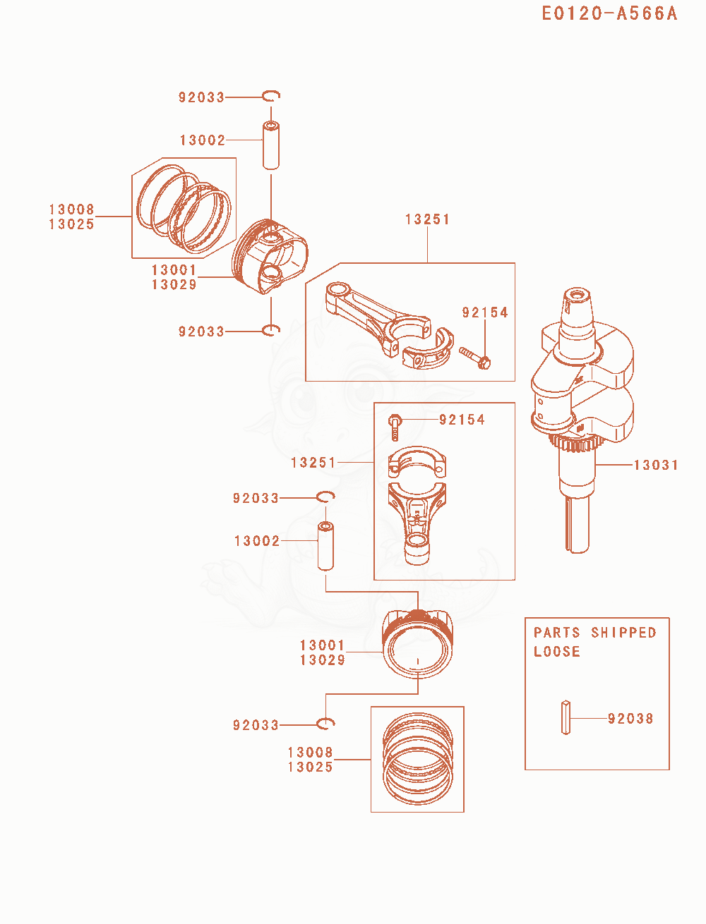 Exploded parts diagram of the Piston / Crankshaft of a Kawasaki FS730V-AS53 engine, with numbered balloons