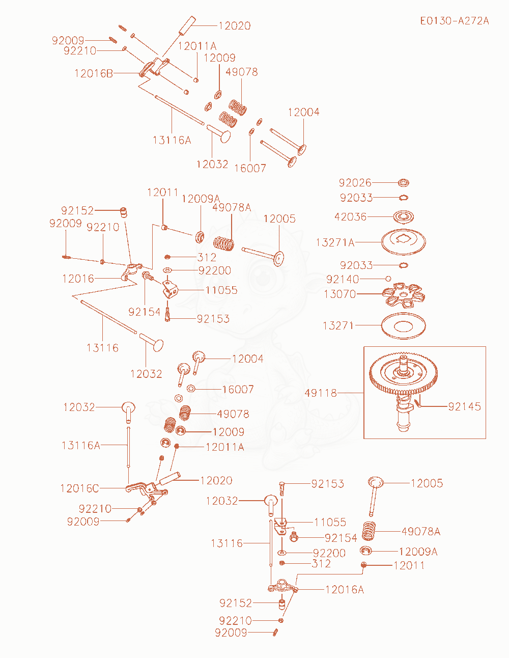 Despiece del Valve / Camshaft de un motor Kawasaki FX921V-AS27, con globos numerados