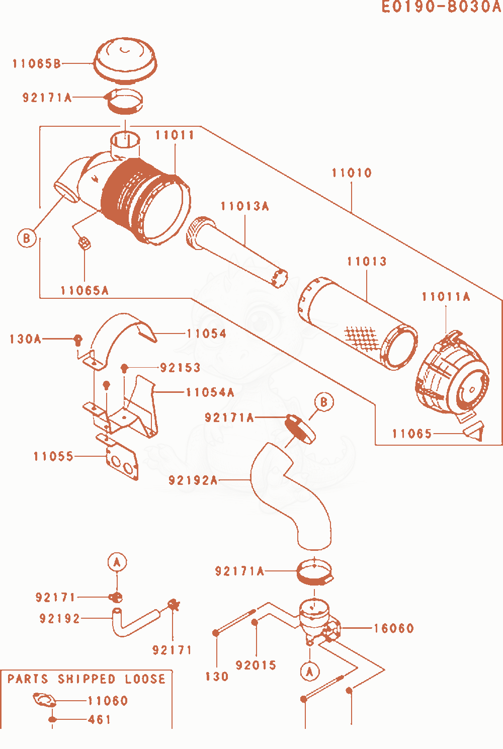 Despiece del Air-Filter / Muffler de un motor Kawasaki FX801V-AS04, con globos numerados