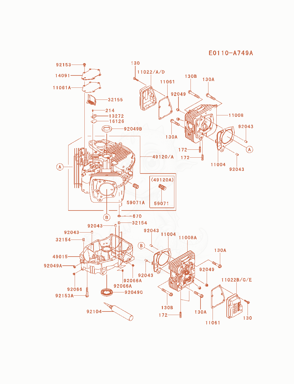 Despiece del Cylinder / Crankcase de un motor Kawasaki FX730V-AS17, con globos numerados