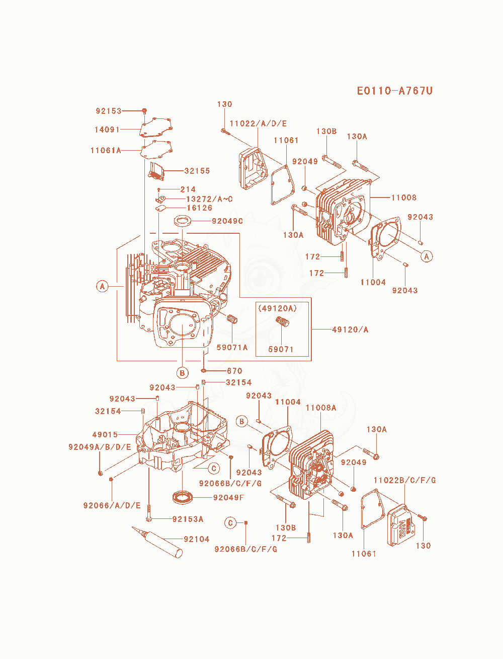 Despiece del Cylinder / Crankcase de un motor Kawasaki FS651V-AS11, con globos numerados