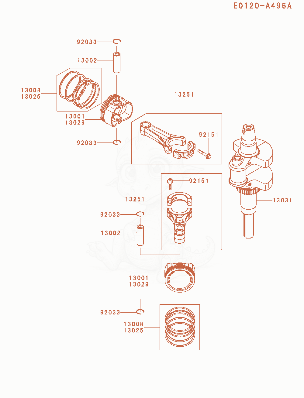 Exploded parts diagram of the Piston / Crankshaft of a Kawasaki FX651V-AS13 engine, with numbered balloons
