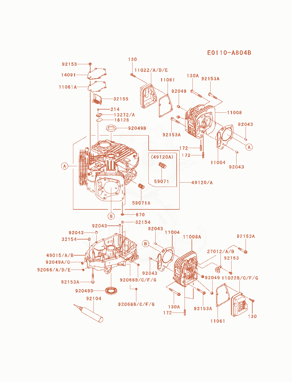 Despiece del Cylinder / Crankcase de un motor Kawasaki FX600V-AS09, con globos numerados