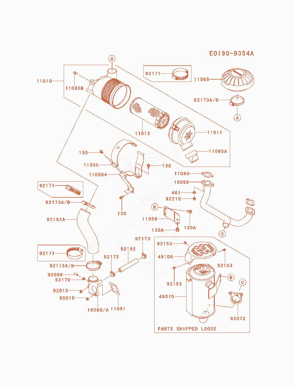 Despiece del Air-Filter / Muffler de un motor Kawasaki FX600V-AS07, con globos numerados