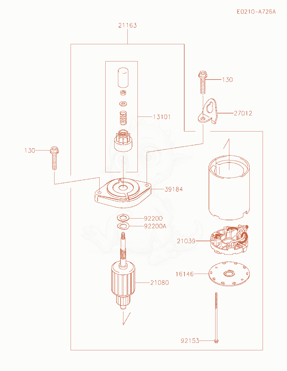 Despiece del Starter de un motor Kawasaki FR651V-AR04, con globos numerados