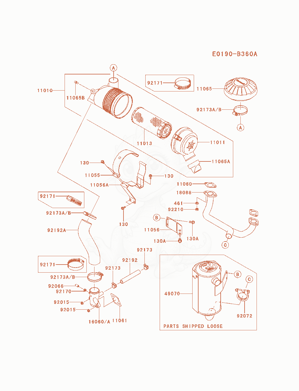 Exploded parts diagram of the Air-Filter / Muffler of a Kawasaki FX600V-AS10 engine, with numbered balloons