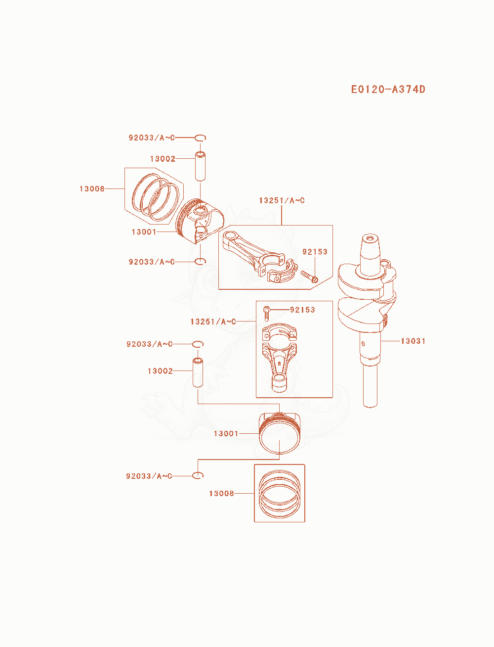 Exploded parts diagram of the Piston / Crankshaft of a Kawasaki FX850V-AS08 engine, with numbered balloons