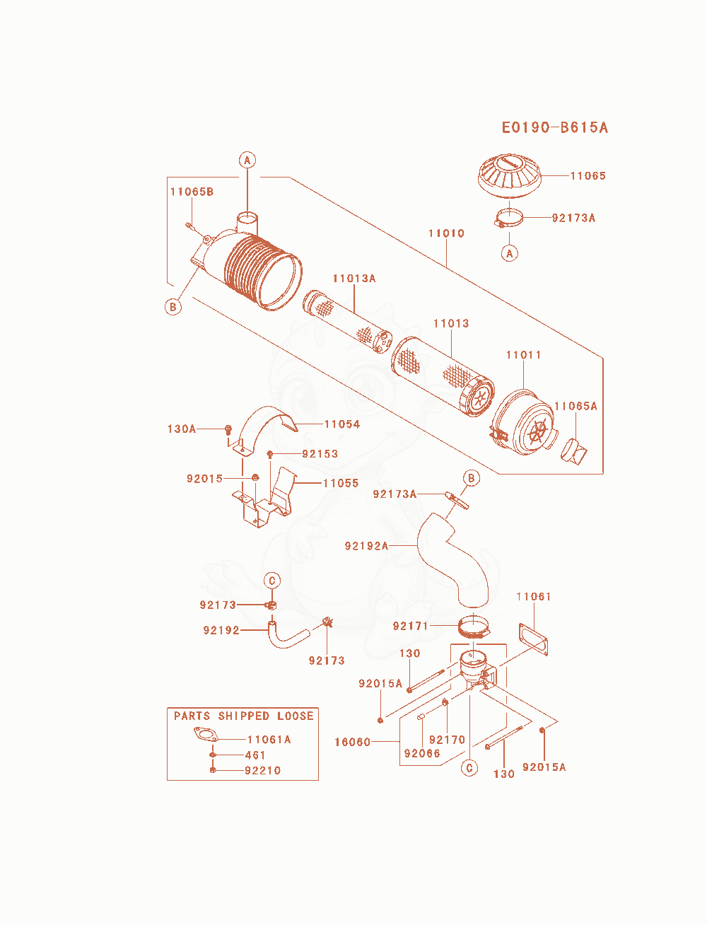 Despiece del Air-Filter / Muffler de un motor Kawasaki FX921V-AS11, con globos numerados
