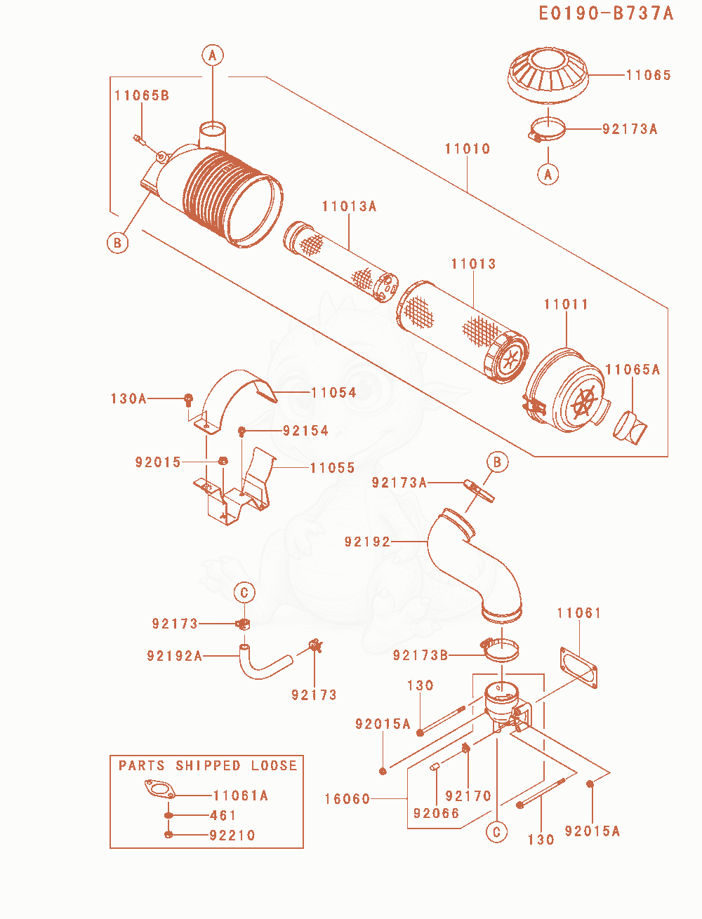 Exploded parts diagram of the Air-Filter / Muffler of a Kawasaki FX921V-BS16 engine, with numbered balloons