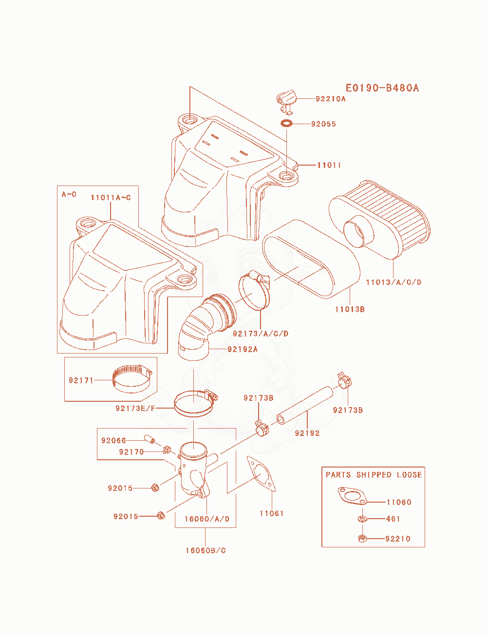 Despiece del Air-Filter / Muffler de un motor Kawasaki FS541V-AS05, con globos numerados