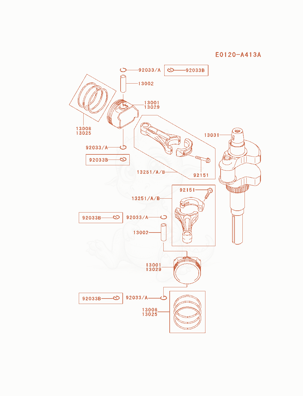Despiece del Piston / Crankshaft de un motor Kawasaki FH680V-ES20, con globos numerados