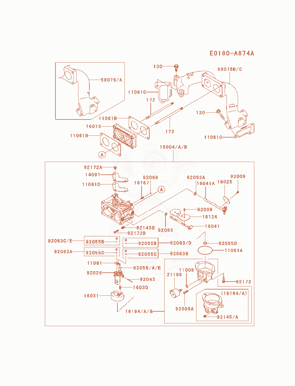 Despiece del Carburetor de un motor Kawasaki FXT00V-AS05, con globos numerados