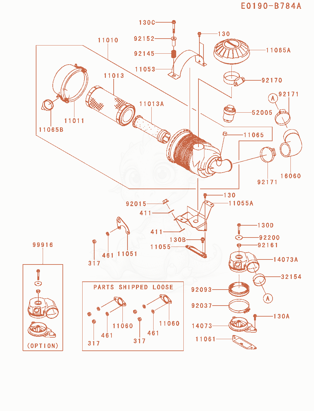 Despiece del Air-Filter / Muffler de un motor Kawasaki FD851D-MS04, con globos numerados