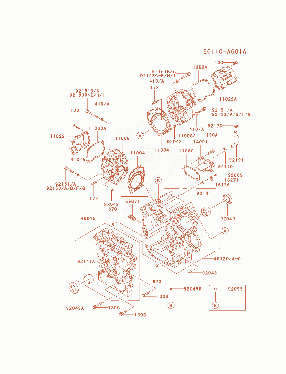 Despiece del Cylinder / Crankcase de un motor Kawasaki FD750D-CS03, con globos numerados