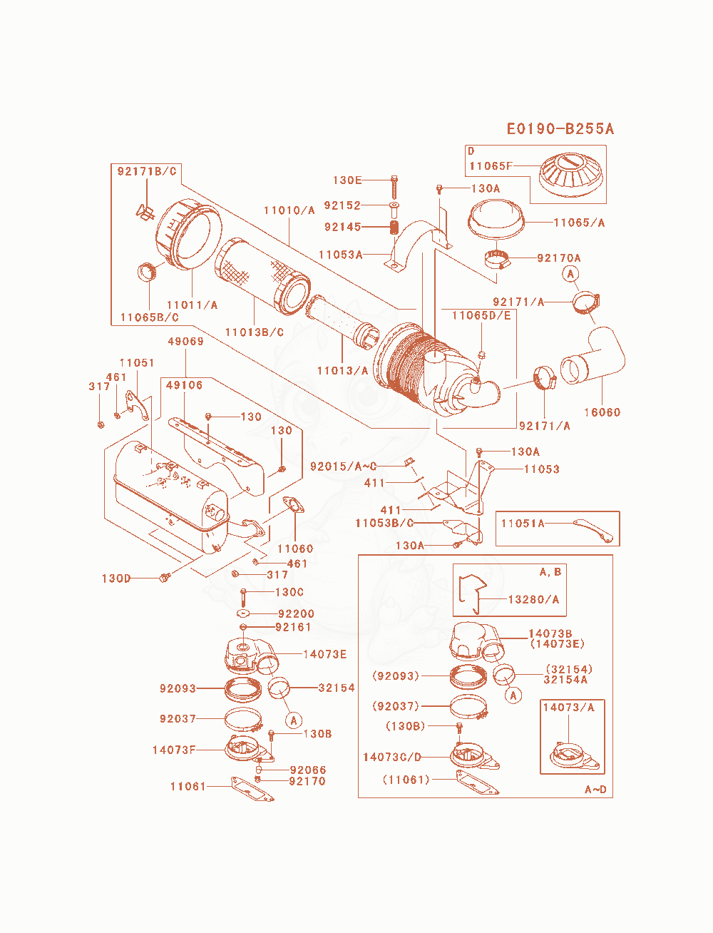 Despiece del Air-Filter / Muffler de un motor Kawasaki FD750D-AS06, con globos numerados