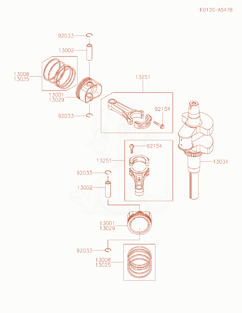 Despiece del Piston / Crankshaft de un motor Kawasaki FT730V-AR30, con globos numerados